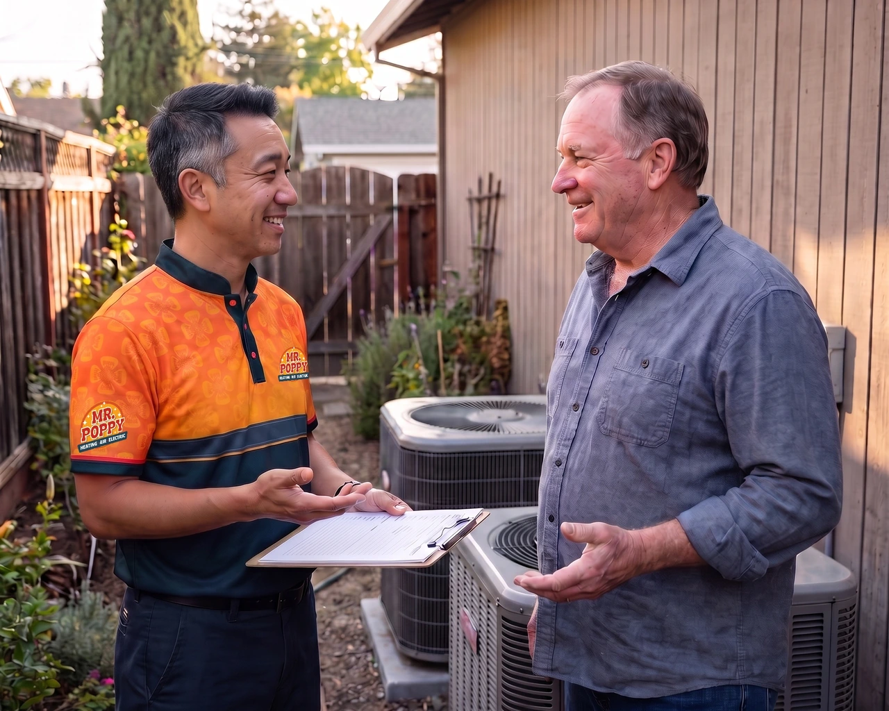 Representative scene: Mr. Poppy owner Tenzin Soepa and an unrelated homeowner smiling during a residential HVAC service discussion.