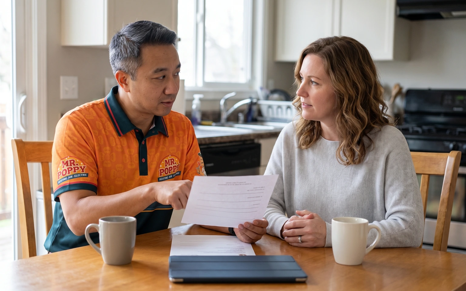 Representative scene: A Mr. Poppy service professional reviewing an estimate and payment options with a homeowner.