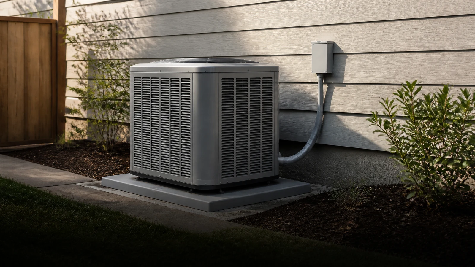 Representative service scene: an outdoor air-conditioning condenser installed on a level pad beside a home.