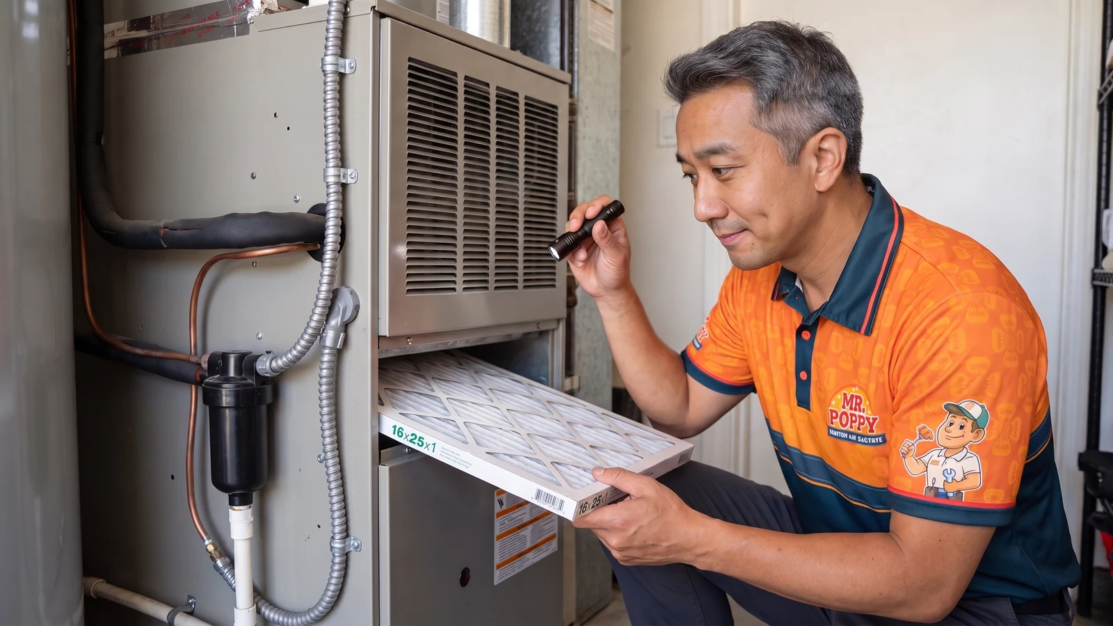 Representative service scene: Tenzin Soepa checks a residential HVAC cabinet and air filter during planned maintenance.