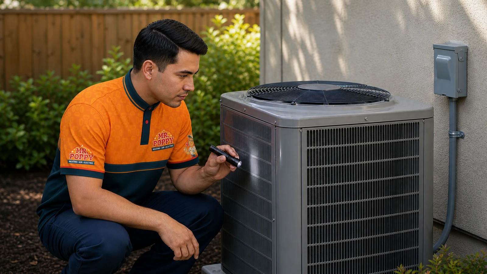 Representative service scene: a uniformed technician inspects an outdoor air-conditioning condenser.