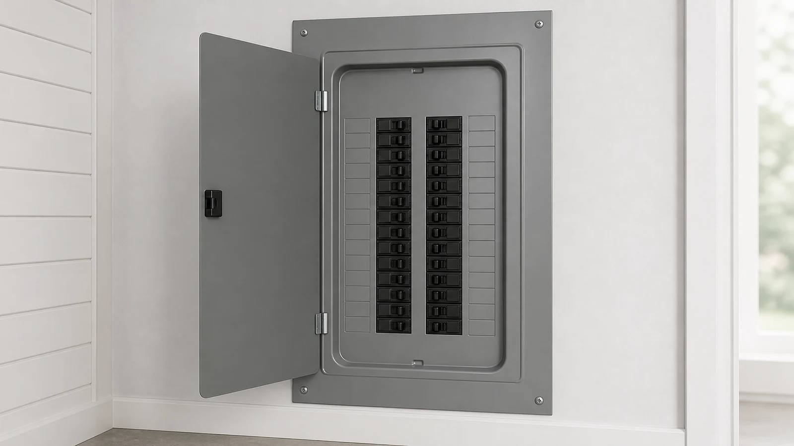 Representative service scene: a modern residential electrical panel with its protective deadfront installed.